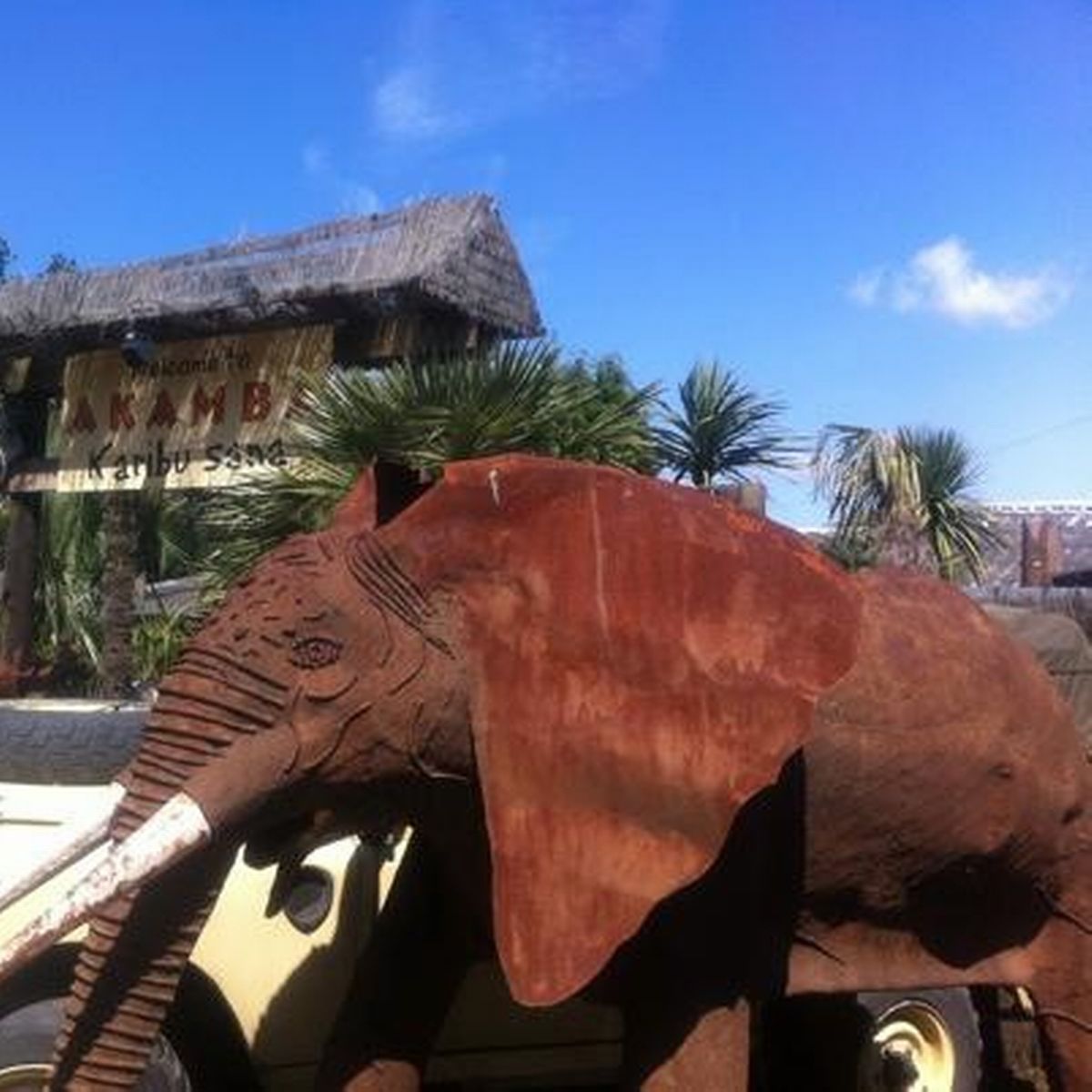 Metal elephant sculpture at Akamba Venue, ideal for outdoor events and gatherings.