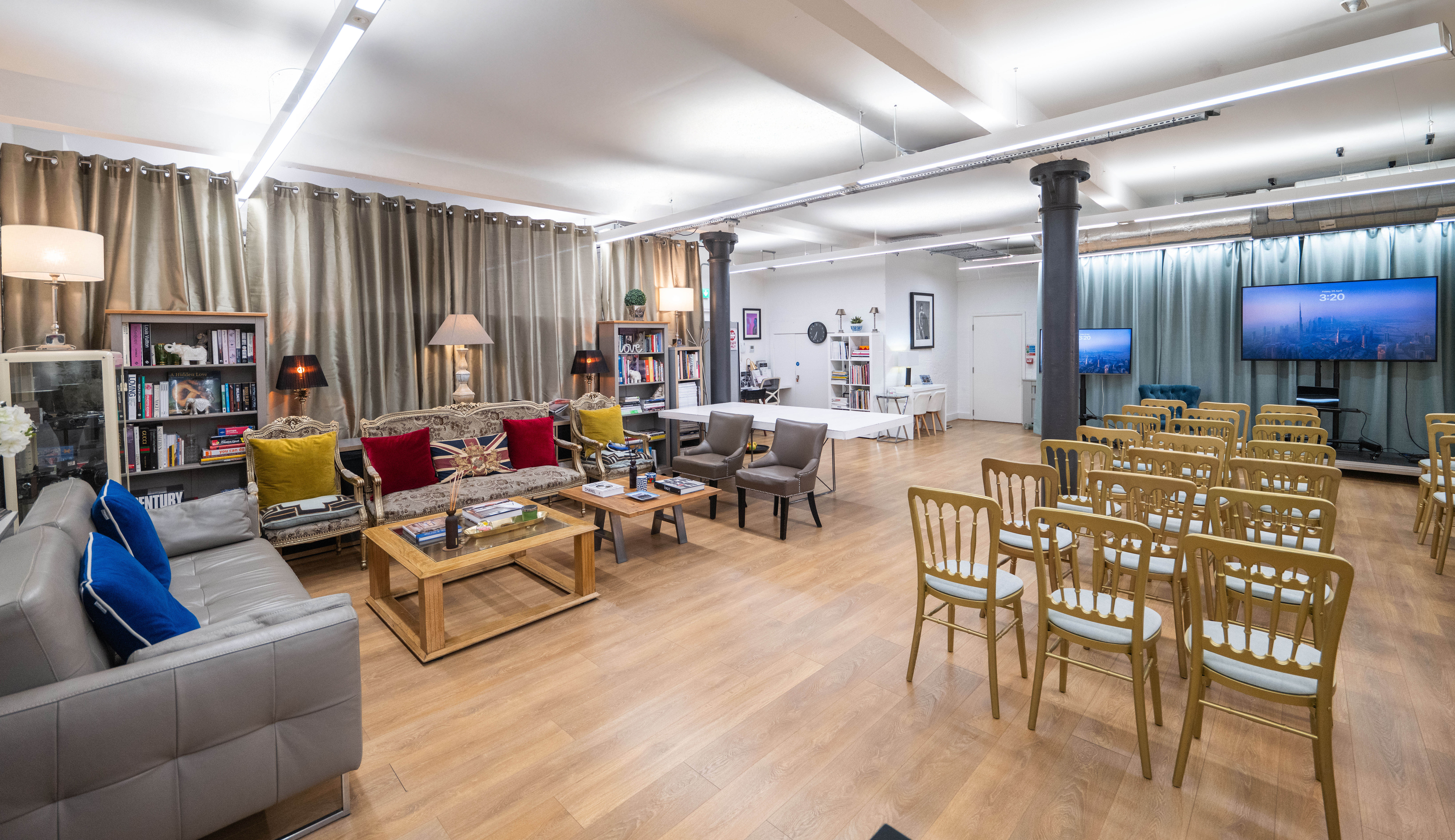 Modern studio event space, flexible seating, corporate meeting