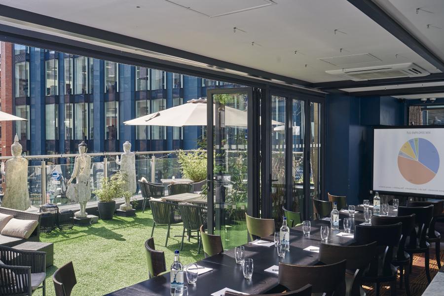 Stylish meeting space with large windows at Chaophraya Leeds for events and networking. - Banner