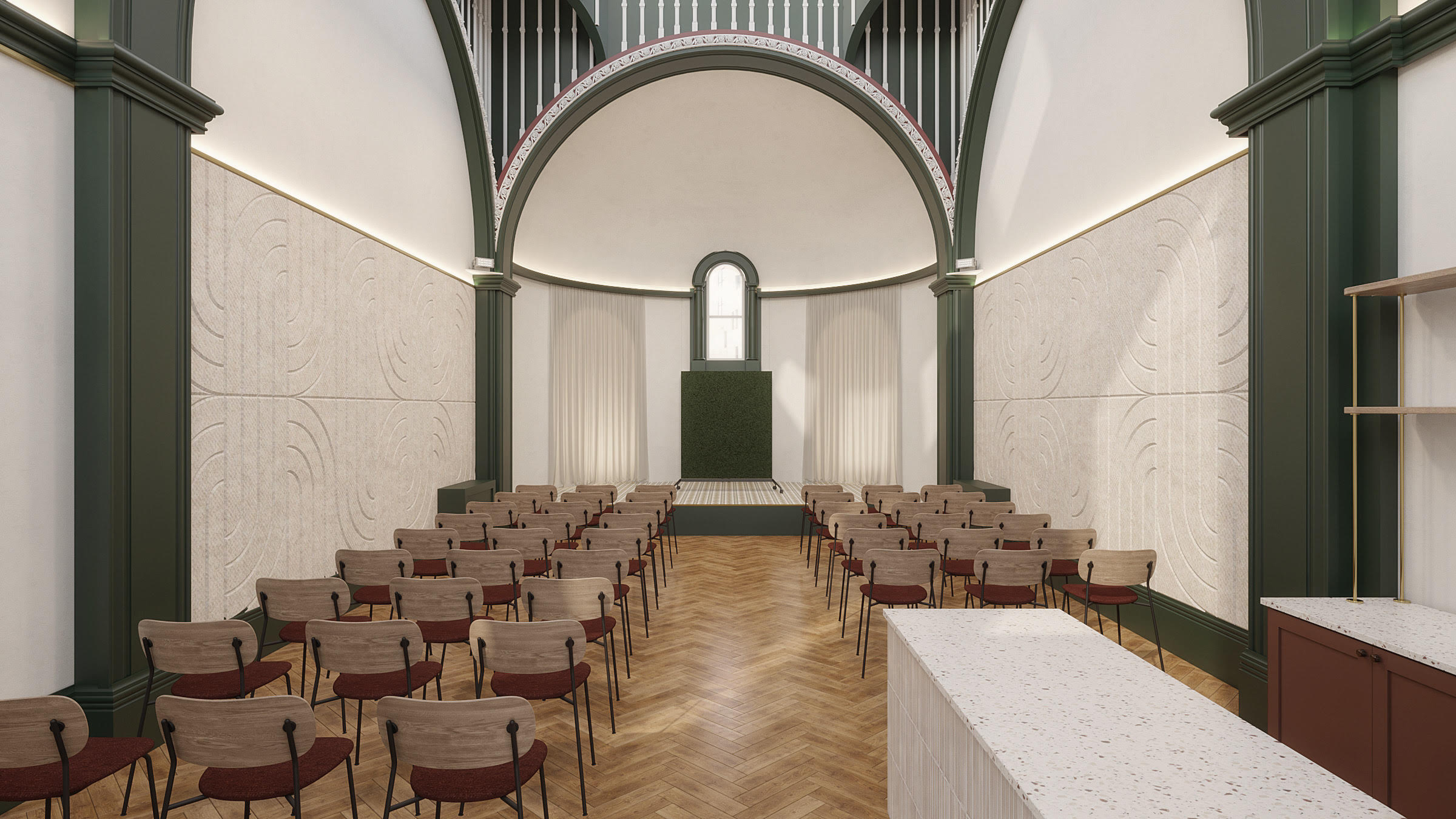 Elmtree event space with high ceilings, ideal for corporate meetings and presentations. - Banner