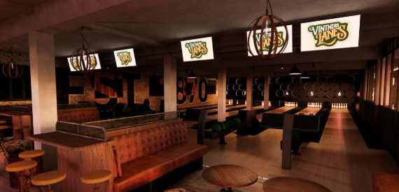 Modern Bowling Alley at Vintners Lanes, stylish seating for sports events and gatherings. - Banner