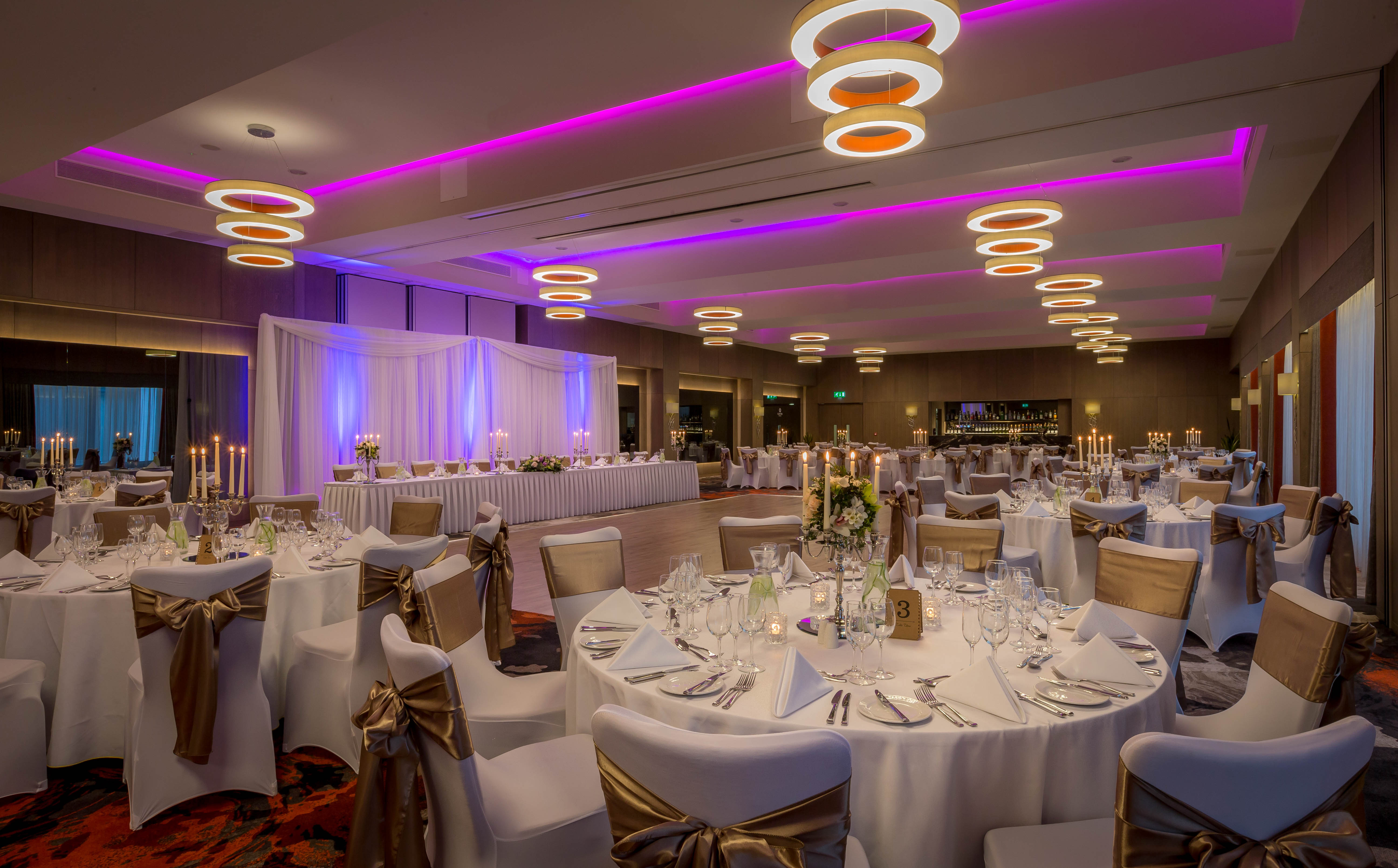 Chiswick Ballroom banquet hall with elegant decor, ideal for weddings and formal events.