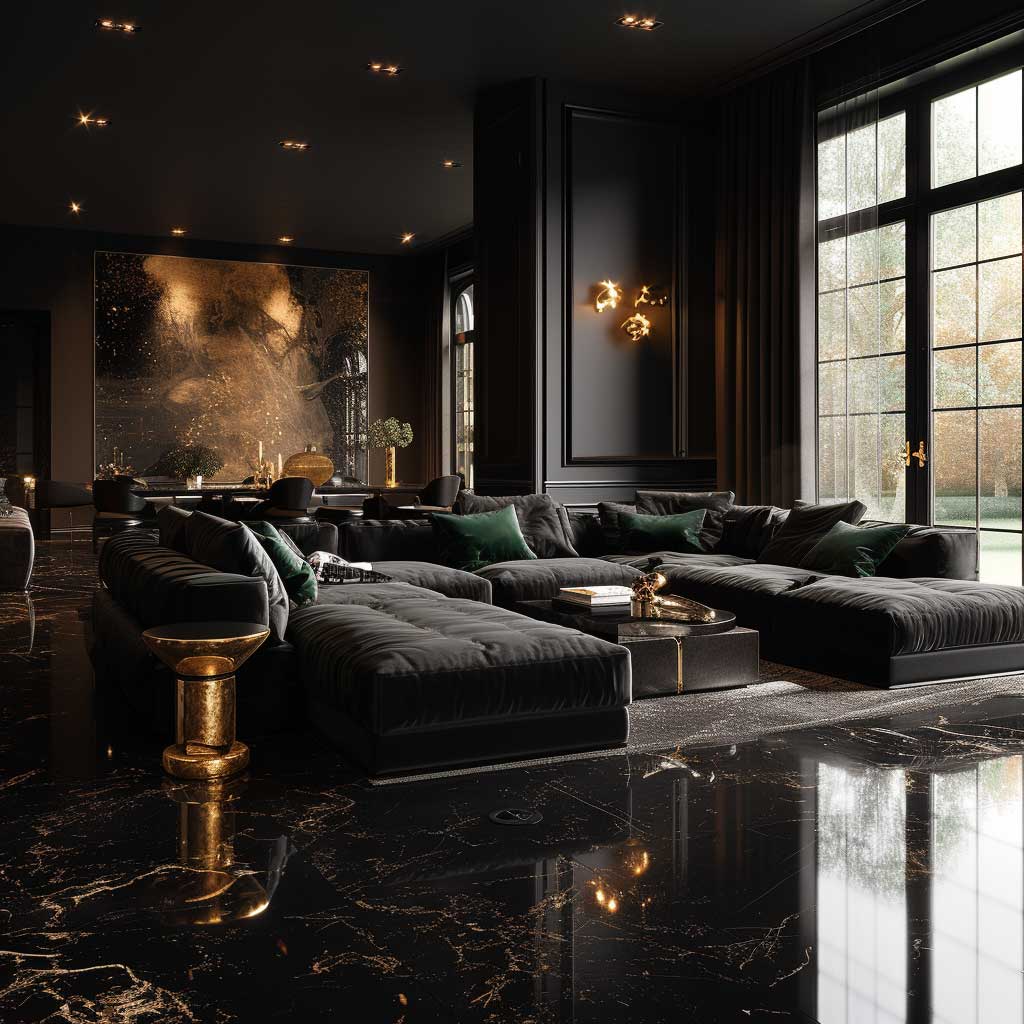 Sleek black lounge area with plush seating for networking and upscale events. - Banner