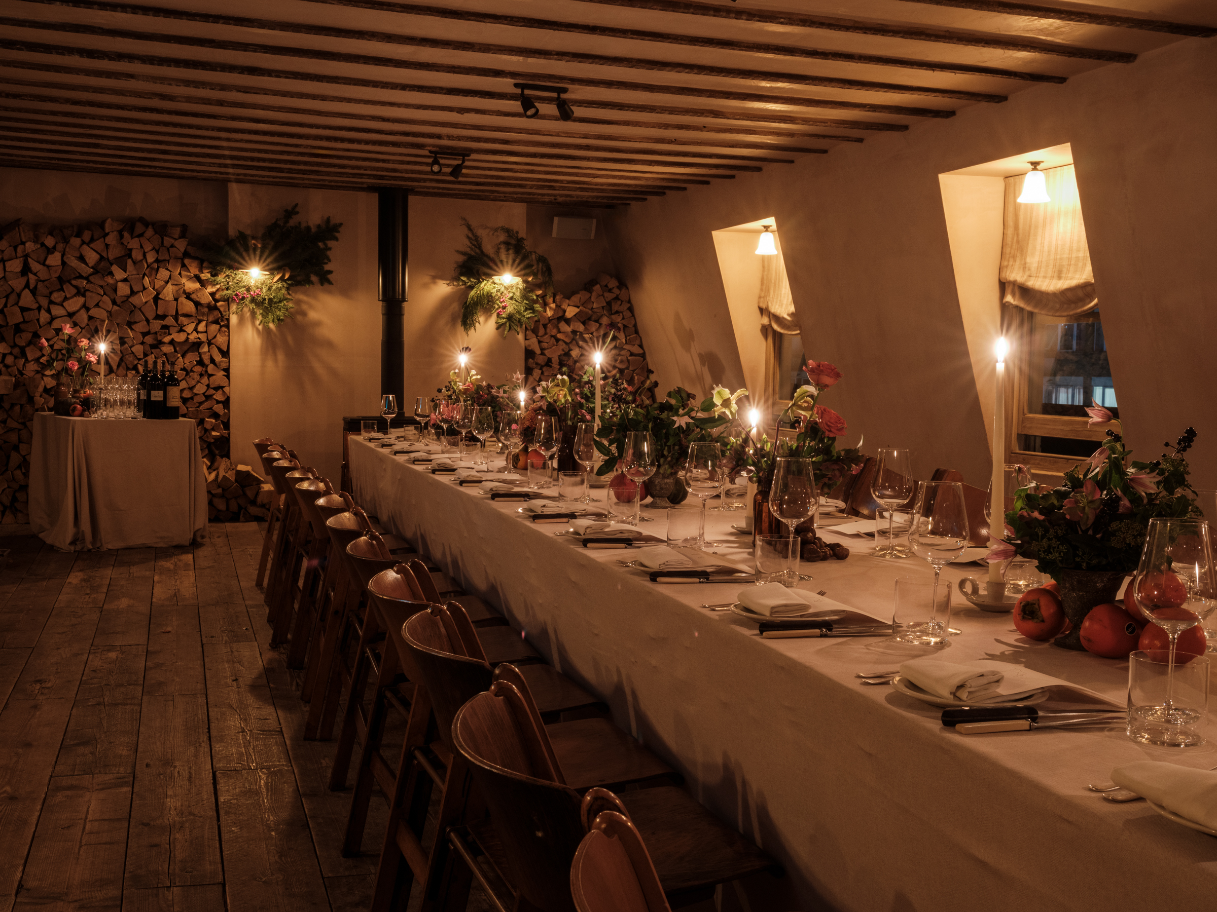 The Loft private dining room with rustic wood walls for VIP dinners and corporate retreats.