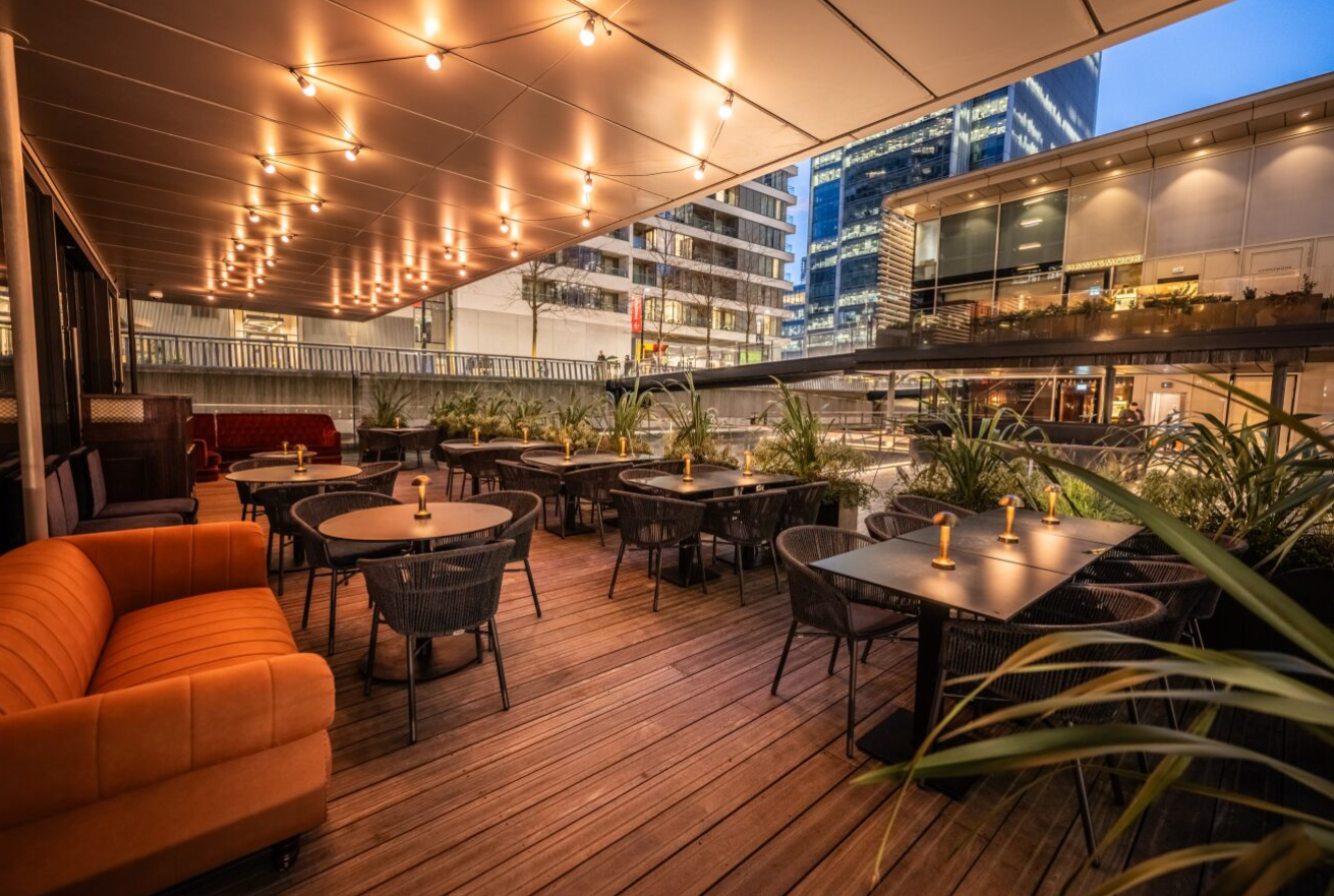 Rooftop restaurant in Hovarda with plush lounge seating for corporate networking and events.