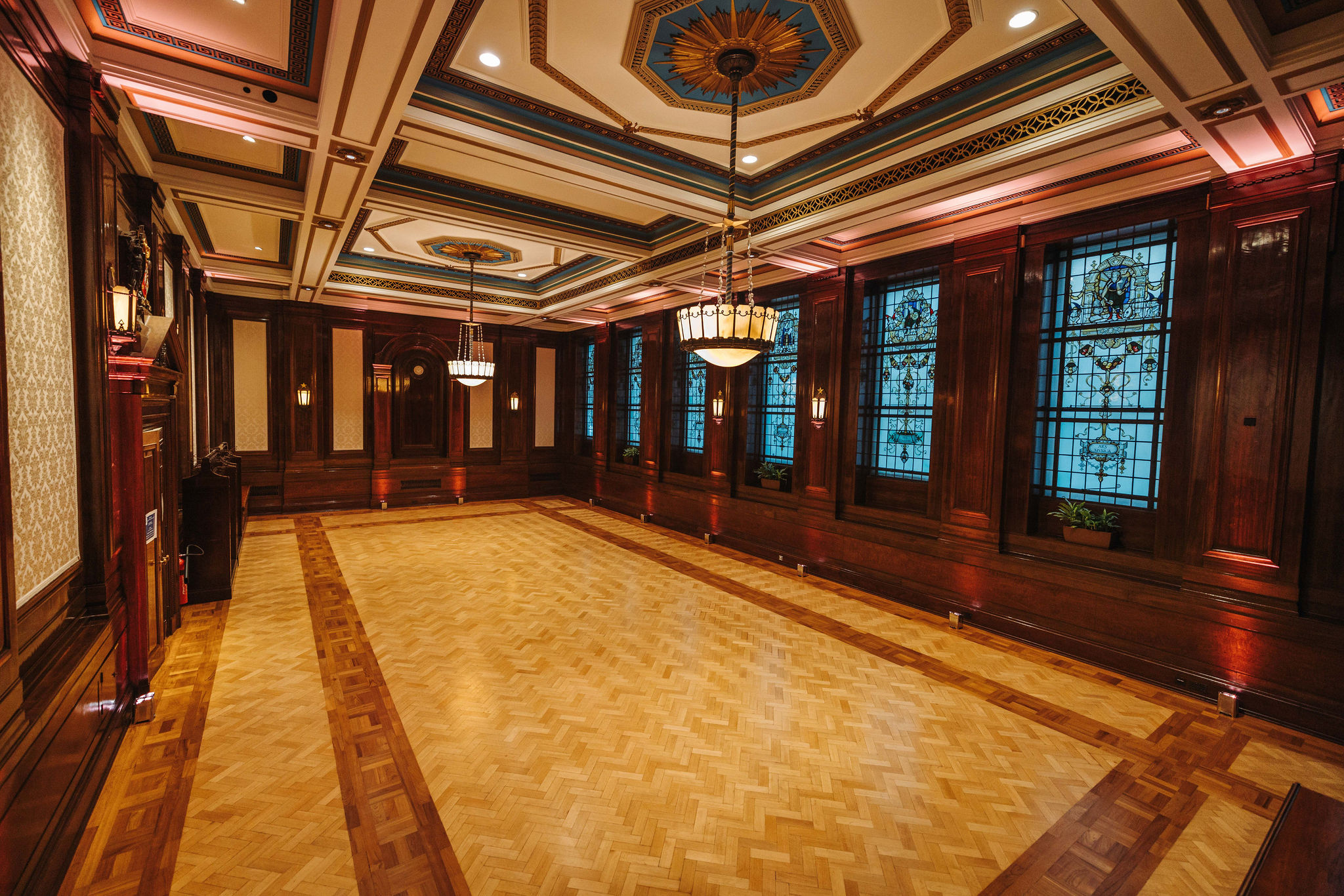 Elegant Old Boardroom event space with wooden paneling, ideal for weddings and corporate events.