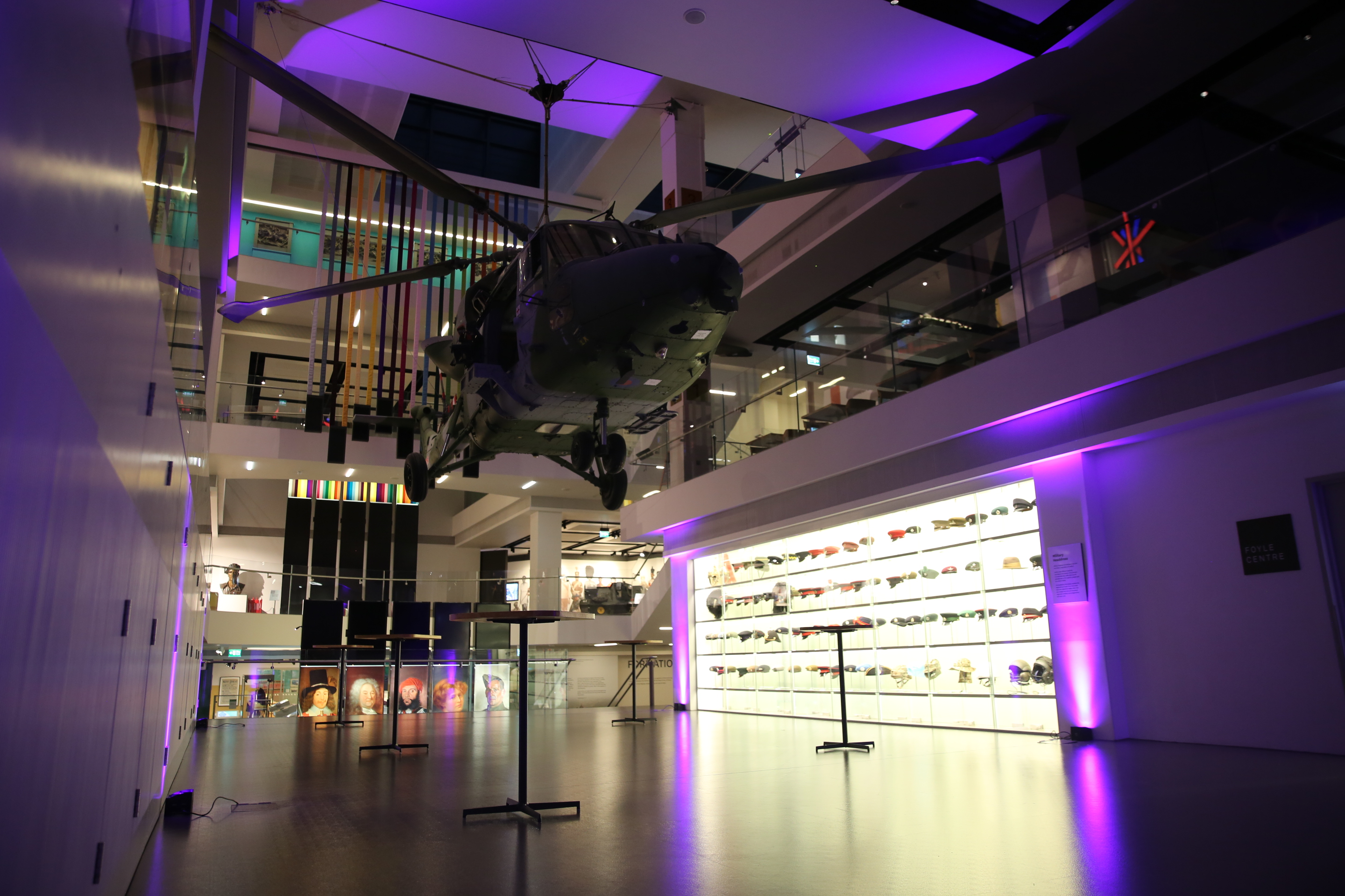Modern event space with helicopter installation at National Army Museum for corporate events.