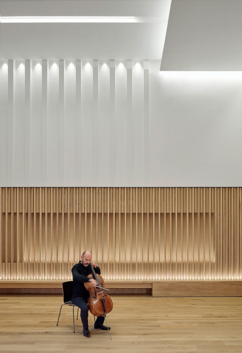 Modern rehearsal studio at Hallé St Peter's, ideal for corporate meetings and events.