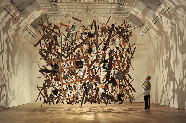 Ceiling-mounted art installation at The Whitworth exhibition, experiential event design.