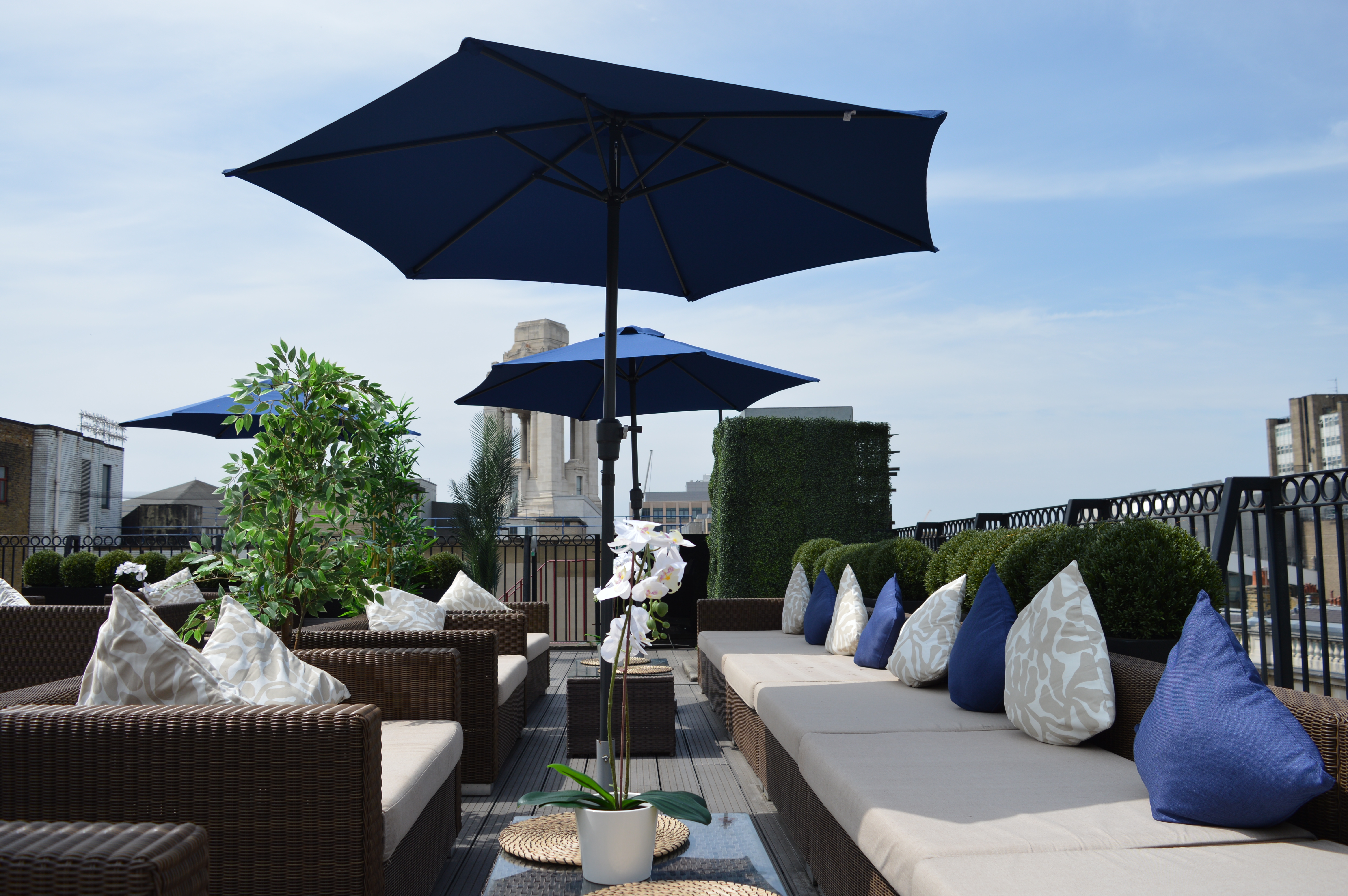 Grand Connaught Rooms rooftop terrace with modular lounge seating for networking and receptions.