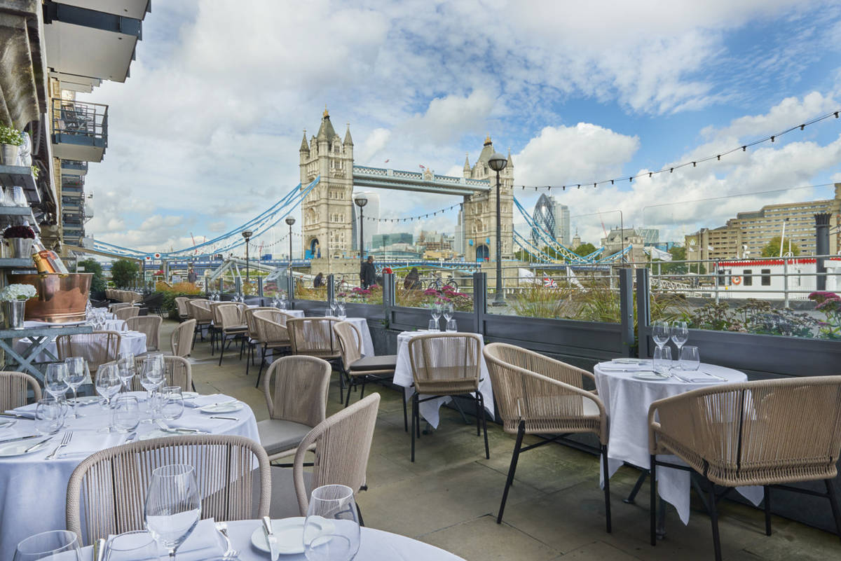 Riverside Terrace at The Waterside with Tower Bridge view for corporate events and receptions. - Banner