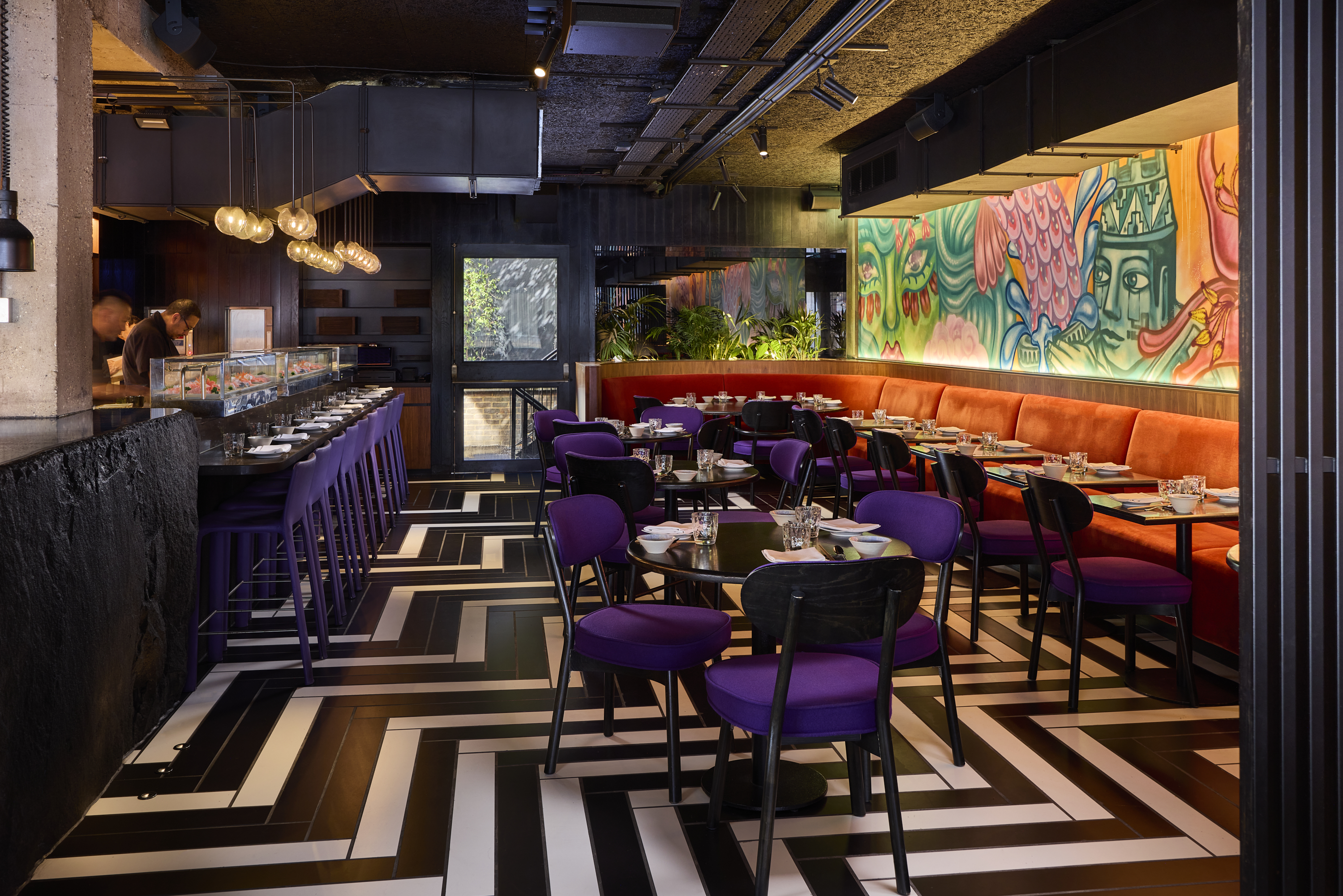 Modern restaurant Itamae at Chotto Matte with vibrant seating, ideal for events.