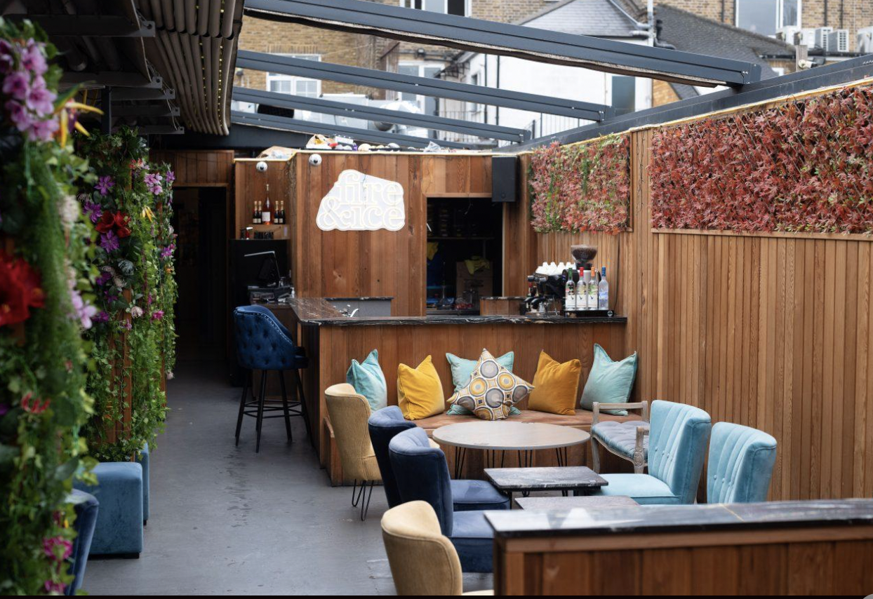 Rooftop event space with greenery, ideal for networking and cocktail receptions.