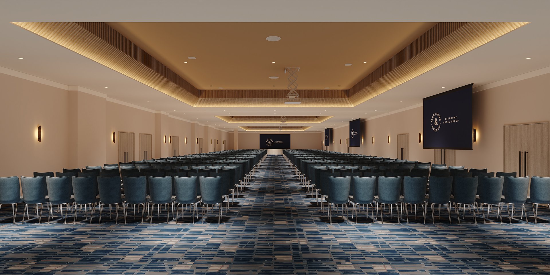Spacious event hall with blue chairs at The Tower Hotel for meetings or conferences.