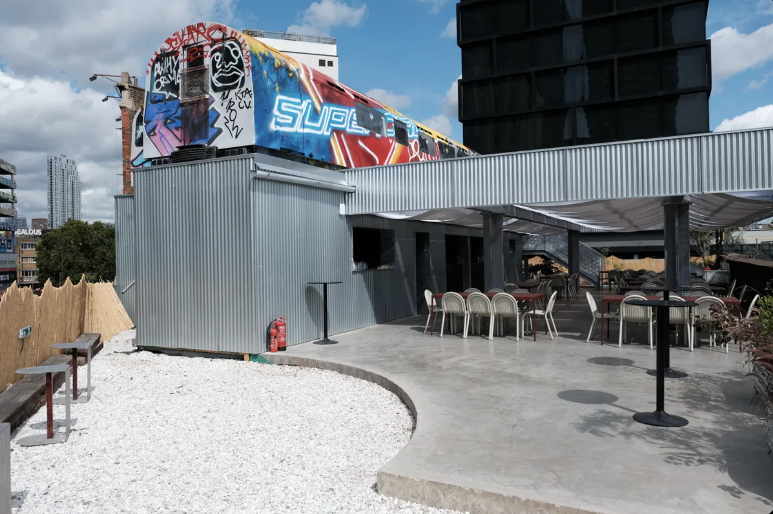 Industrial rooftop venue at Village Underground for edgy brand activations and evening receptions.