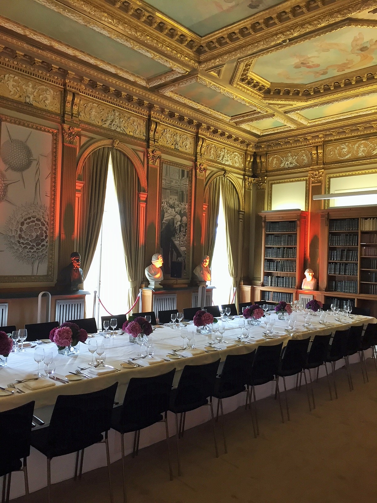 Elegant dining setup in Royal Society for high-profile meetings and intimate events.