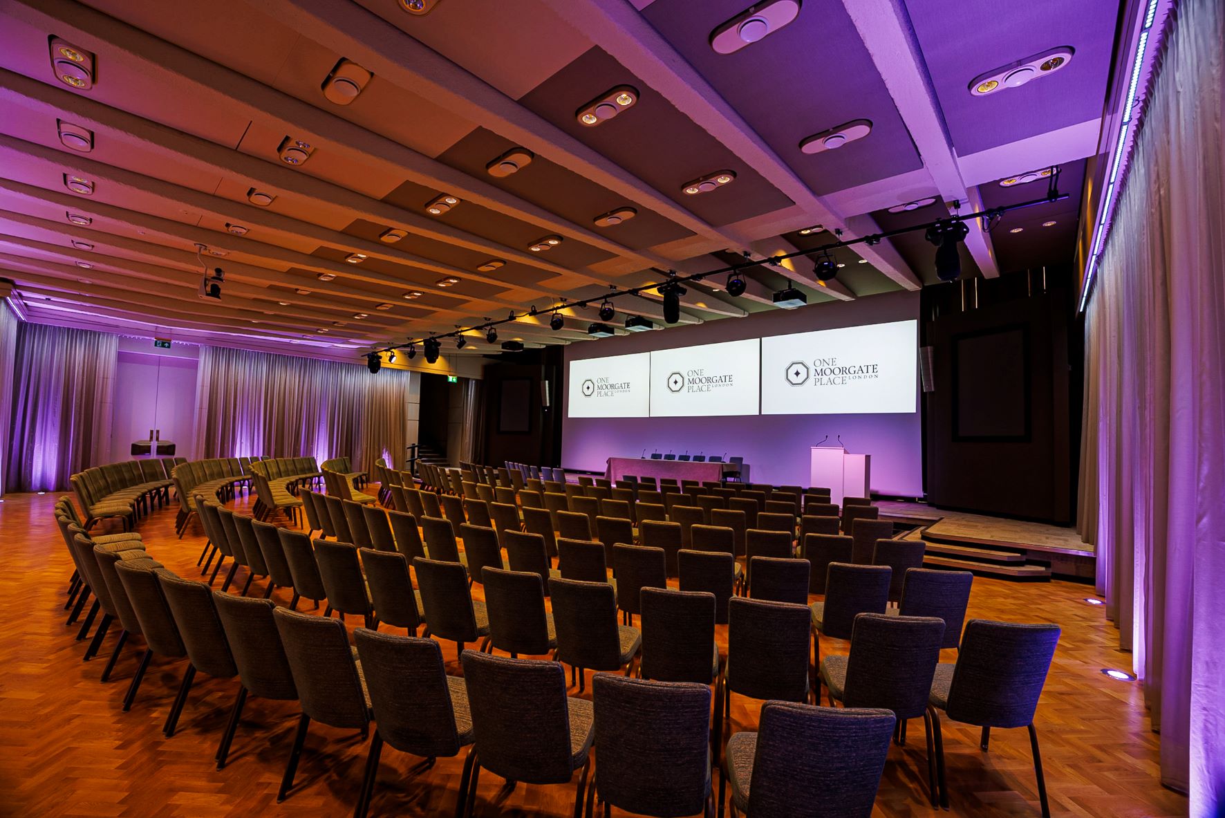 Great Hall at One Moorgate Place, theater-style seating for conferences and presentations.