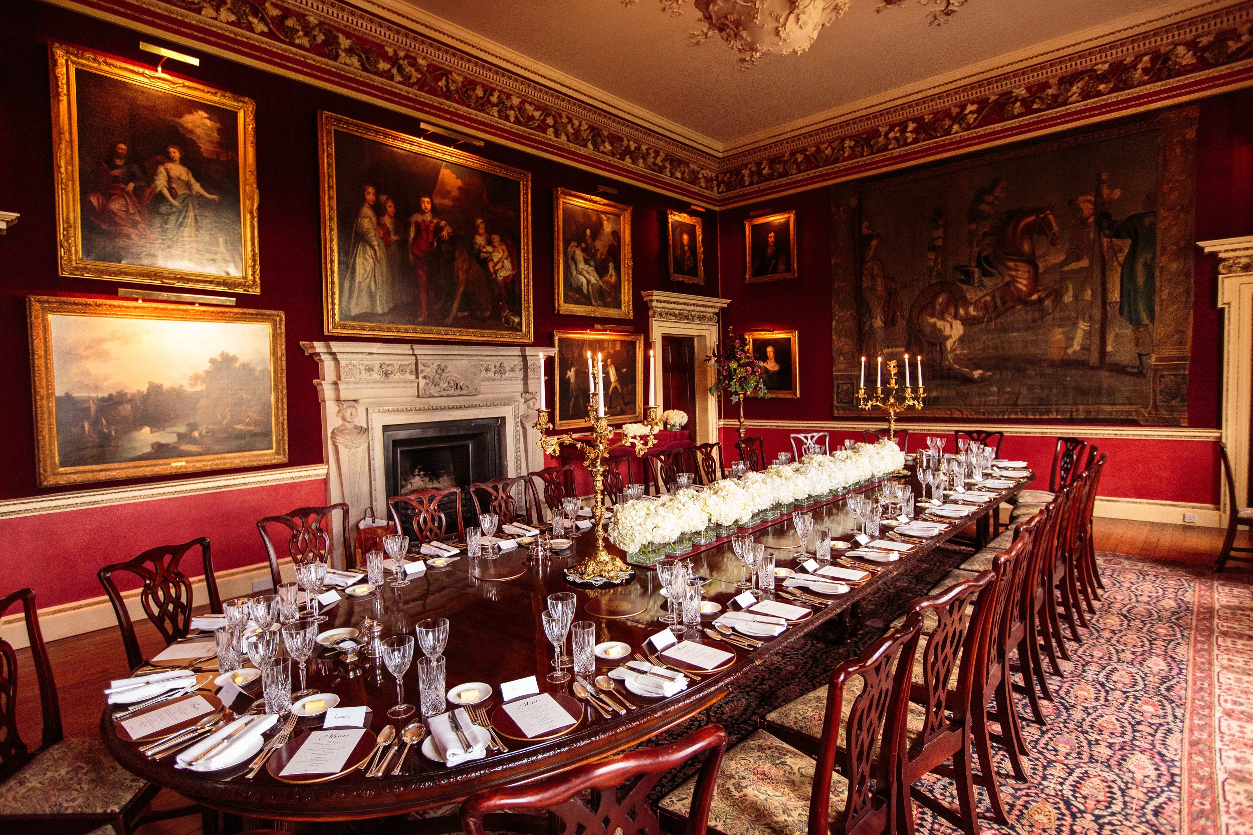 Crimson Dining Room at Hagley Hall, elegant decor for formal dinners and corporate gatherings. - Banner
