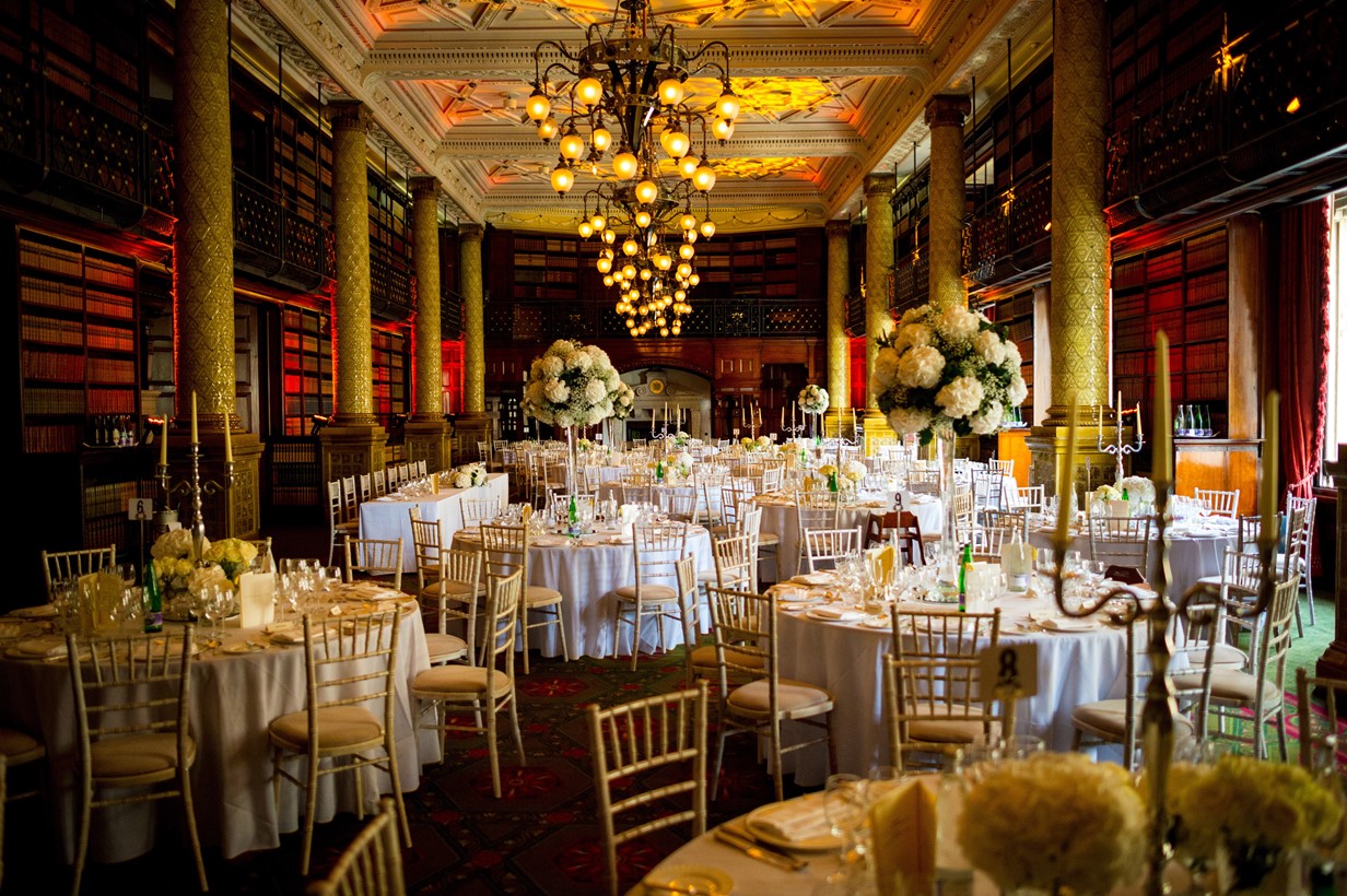 Elegant Gladstone Library event space with floral centerpieces, perfect for weddings and gatherings.