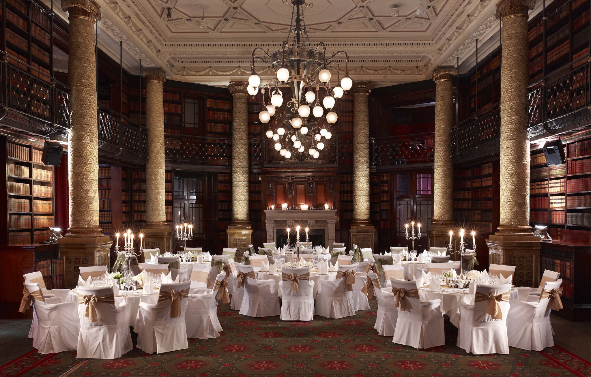 Gladstone Library: elegant event space with tall columns for formal dinners and corporate gatherings.
